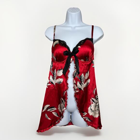 VTG Y2K Red Floral Satin Babydoll Chemise XL Lace Trim Red Boudoir Lingerie - Picture 1 of 11
